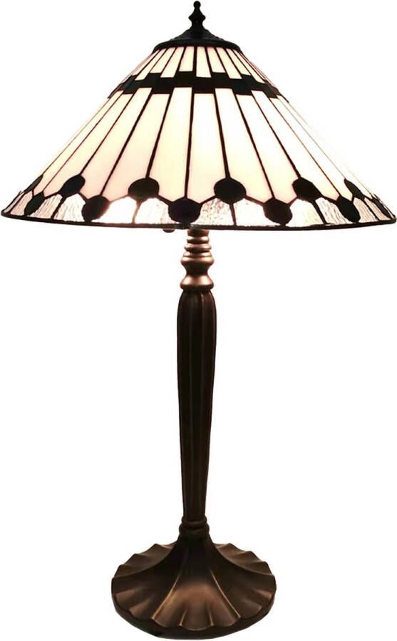 Clayre & Eef LumiLamp Tiffany Tafellamp Ø 40x63 cm Wit Glas Kunststof Rond Tiffany Bureaulamp Wit Tiffany Bureaulamp