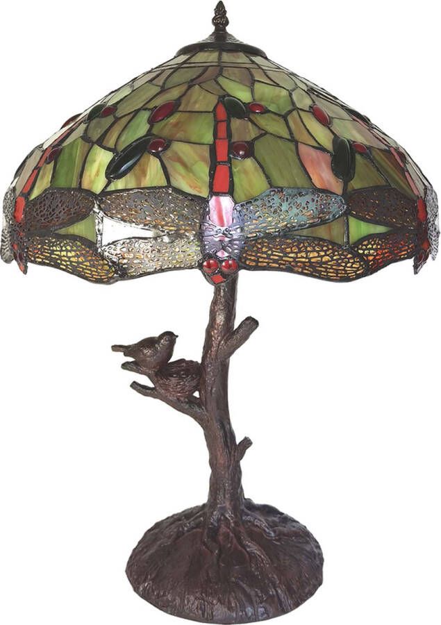 Clayre & Eef LumiLamp Tiffany Tafellamp Ø 41*57 cm E27 max 2*60W Geel Kunststof Glas Tiffany Bureaulamp Tiffany Lampen