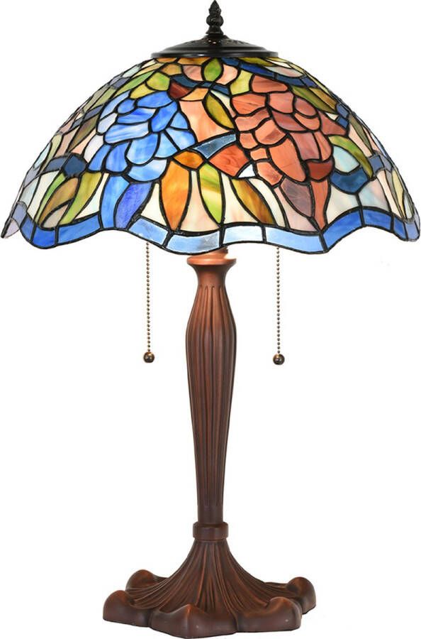 Clayre & Eef LumiLamp Tiffany Tafellamp Ø 41x60 cm Blauw Bruin Glas Kunststof Rond Tiffany Bureaulamp Blauw Tiffany Bureaulamp