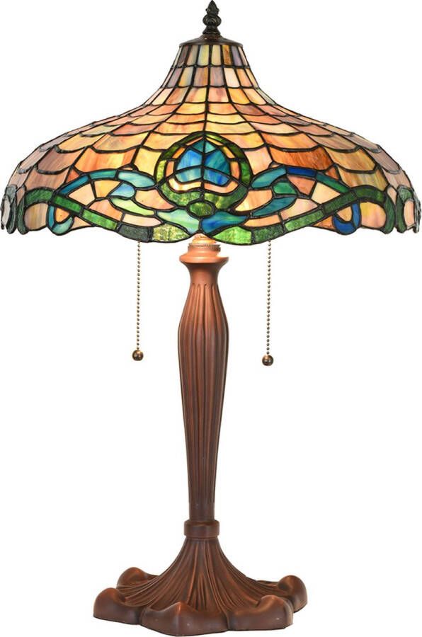 Clayre & Eef LumiLamp Tiffany Tafellamp Ø 41x60 cm Paars Groen Glas Kunststof Rond Tiffany Bureaulamp Paars Tiffany Bureaulamp