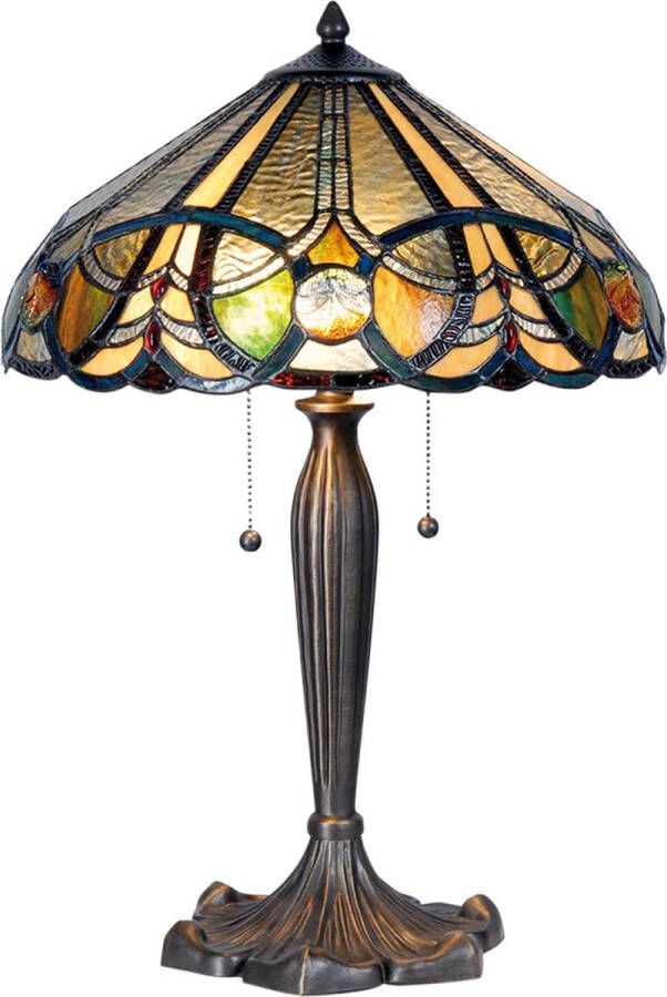 Clayre & Eef LumiLamp Tiffany Tafellamp 5LL-5299 Ø 41*61 cm E27 max 2*60W Bruin Glas in lood Driehoek Tiffany Bureaulamp Tiffany Lampen