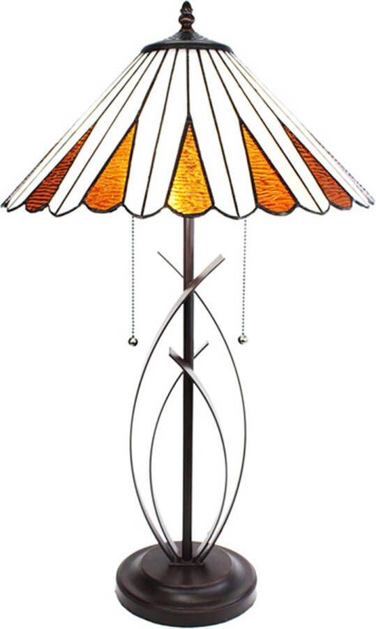 Clayre & Eef LumiLamp Tiffany Tafellamp Ø 41x69 cm Beige Bruin Glas Rond Tiffany Bureaulamp Beige Tiffany Bureaulamp