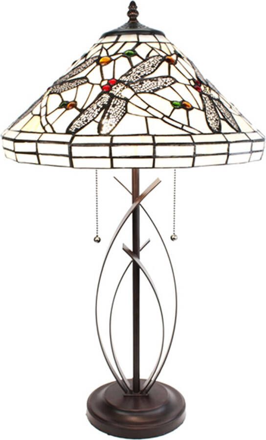 Clayre & Eef LumiLamp Tiffany Tafellamp Ø 41x69 cm Beige Zwart Glas Metaal Rond Libelle Tiffany Bureaulamp Beige Tiffany Bureaulamp