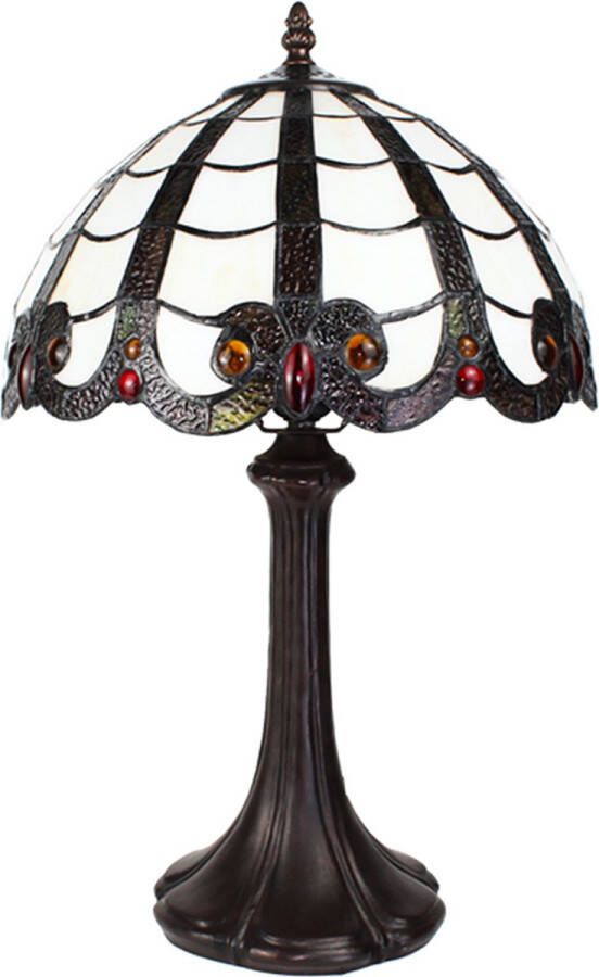 Clayre & Eef LumiLamp Tiffany Tafellamp 43 cm Wit Bruin Kunststof Glas Rond Tiffany Bureaulamp Wit Tiffany Bureaulamp