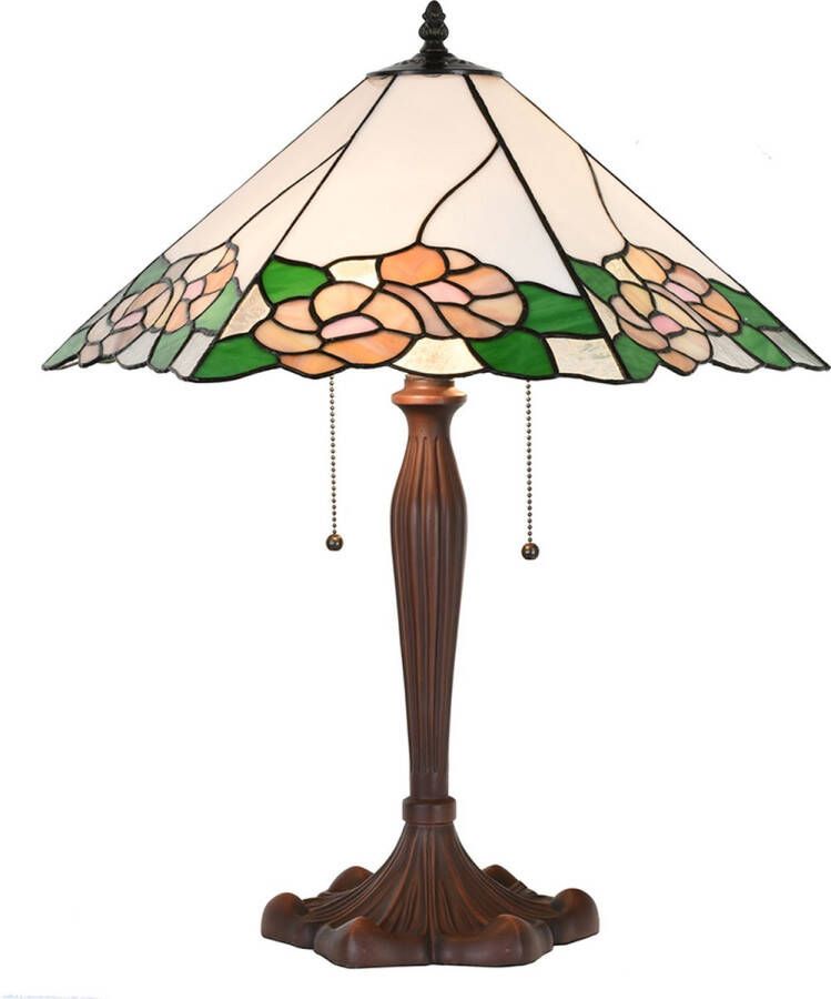 Clayre & Eef LumiLamp Tiffany Tafellamp 44x61x64 cm Wit Groen Glas Kunststof Rond Bloemen Tiffany Bureaulamp Wit Tiffany Bureaulamp