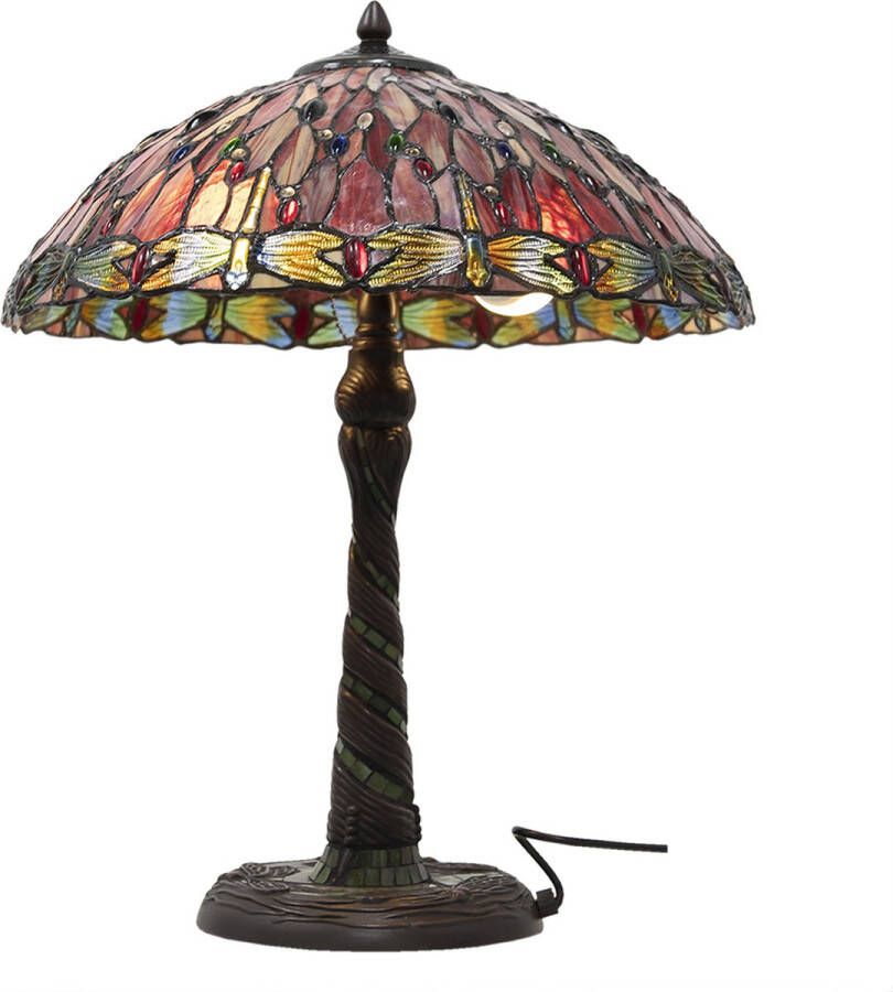 HAES deco Tiffany Tafellamp Ø 45x56 cm Rood Beige Glas Driehoek Libelle Tiffany Bureaulamp Tiffany Lampen Glas in Lood