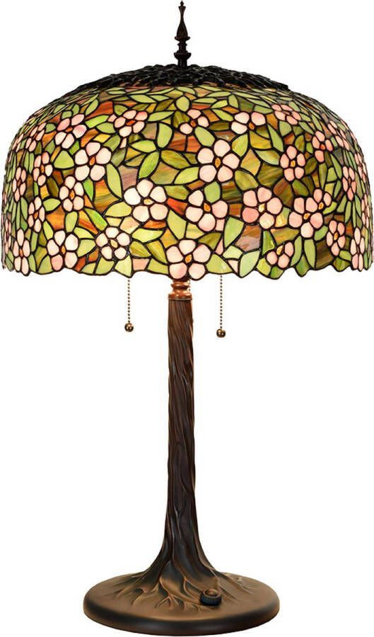 Clayre & Eef LumiLamp Tiffany Tafellamp Ø 46x72 cm Groen Roze Glas Tiffany Bureaulamp Grijs Tiffany Bureaulamp