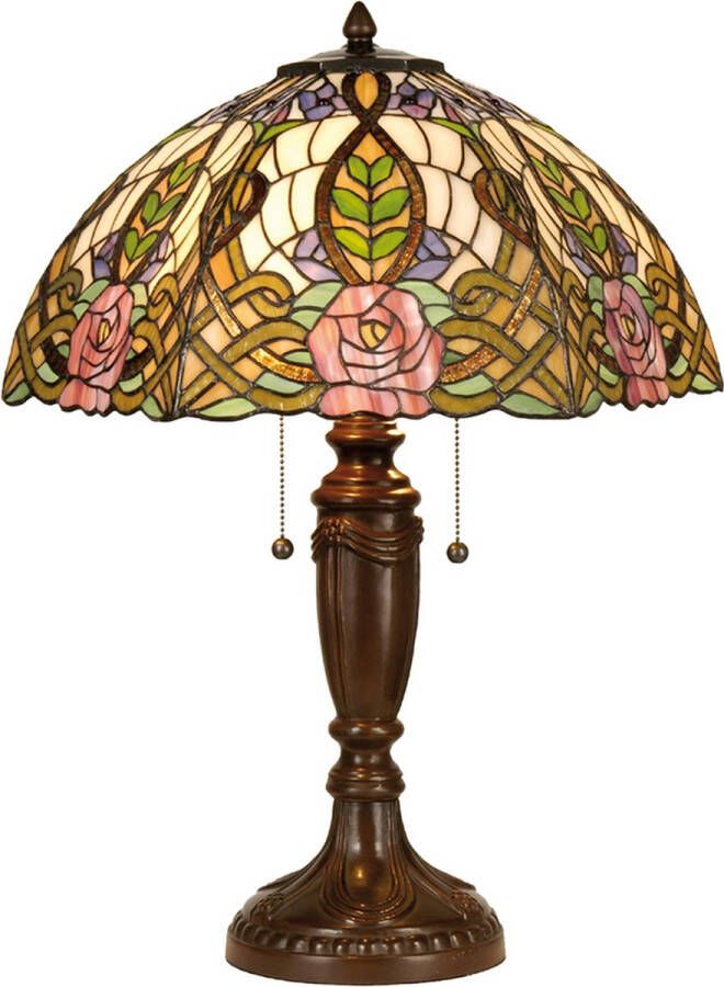 HAES deco Tiffany Tafellamp Ø 47x61 cm Groen Roze Glas Halfrond Roos Tiffany Bureaulamp Tiffany Lampen Glas in Lood