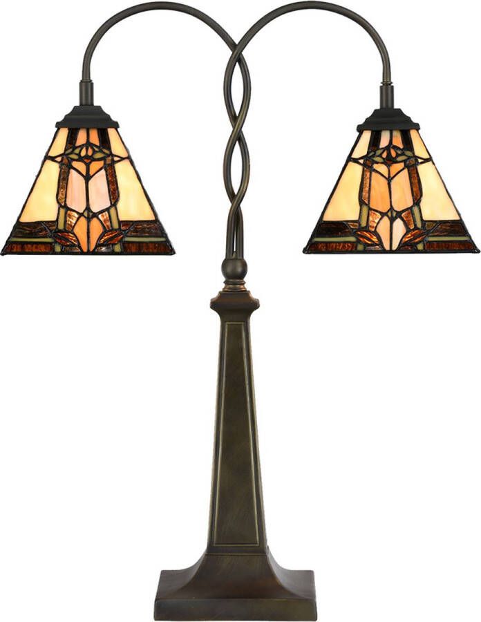 Clayre & Eef LumiLamp Tiffany Tafellamp 48x66 cm Beige Bruin Glas Tiffany Bureaulamp Beige Tiffany Bureaulamp