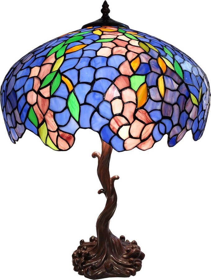 HAES deco Tiffany Tafellamp Ø 50x76 cm Blauw Groen Glas Bloemen Tiffany Bureaulamp Tiffany Lampen Glas in Lood