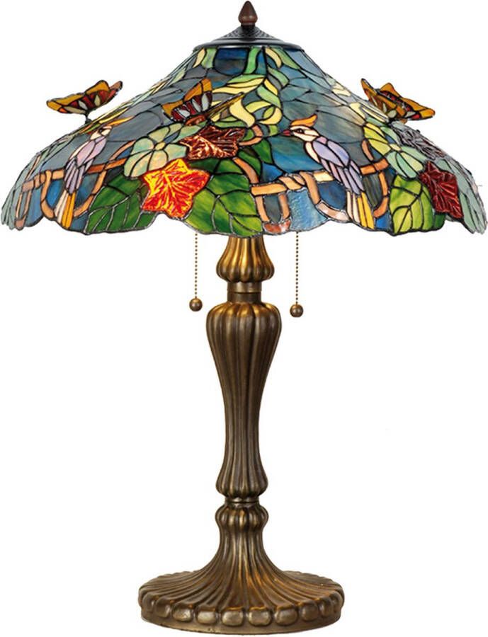 Clayre & Eef LumiLamp Tiffany Tafellamp Ø 52x65 cm Blauw Groen Glas Driehoek Vlinder Tiffany Bureaulamp Blauw Tiffany Bureaulamp