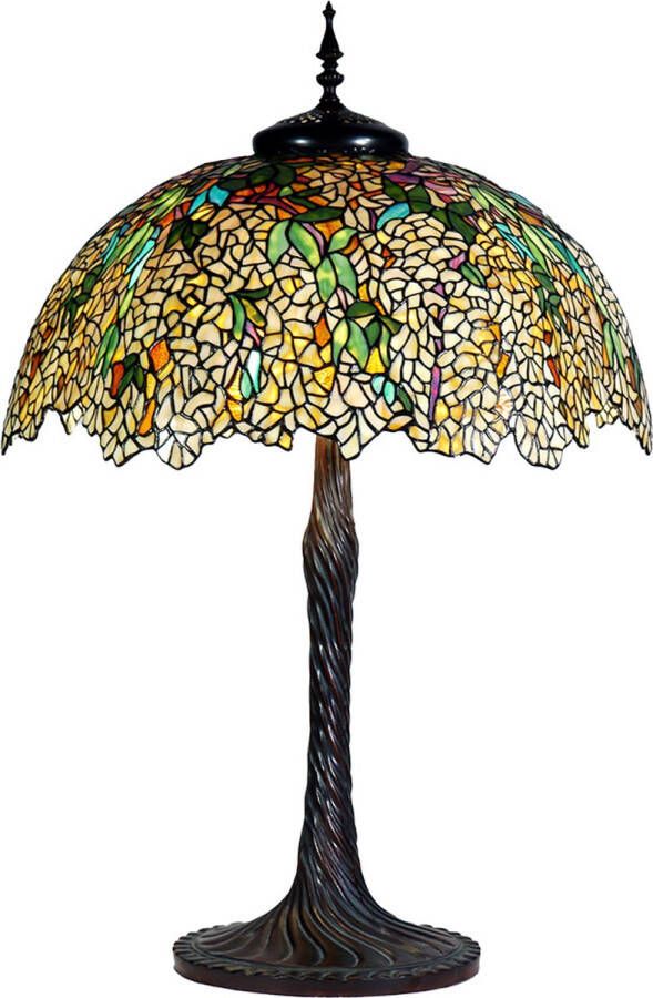 Clayre & Eef LumiLamp Tiffany Tafellamp Ø 56x83 cm Geel Glas Tiffany Bureaulamp Geel Tiffany Bureaulamp