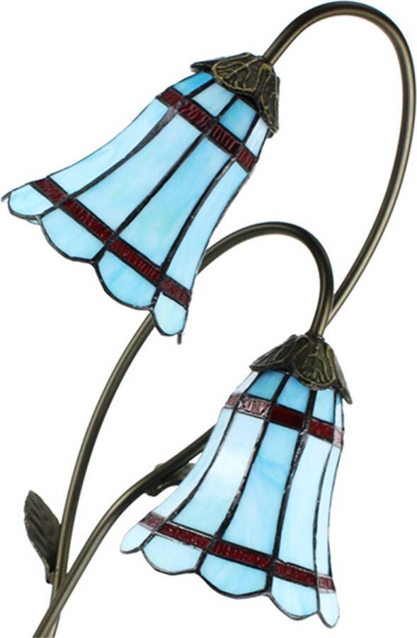 Clayre & Eef LumiLamp Tiffany Tafellamp 61 cm Blauw Bruin Glas Tiffany Bureaulamp Blauw Tiffany Bureaulamp