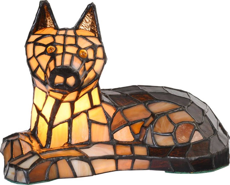 Clayre & Eef LumiLamp Tiffany Tafellamp Hond 25x13x17 cm Bruin Glas Tiffany Bureaulamp Bruin Tiffany Bureaulamp