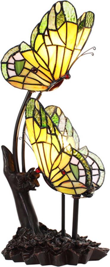 HAES deco Tiffany Tafellamp Vlinder 24x17x47 cm Geel Glas Tiffany Bureaulamp Tiffany Lampen Glas in Lood