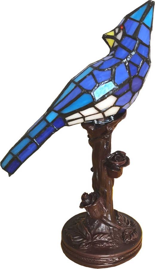 HAES deco Tiffany Tafellamp Vogel 15x12x33 cm Blauw Glas Kunststof Tiffany Bureaulamp Tiffany Lampen Glas in Lood