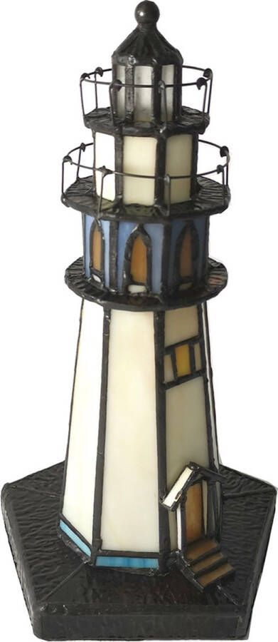 Clayre & Eef LumiLamp Tiffany Tafellamp Vuurtoren 15x15x25 cm Beige Blauw Glas Tiffany Lampen Beige Tiffany Lampen