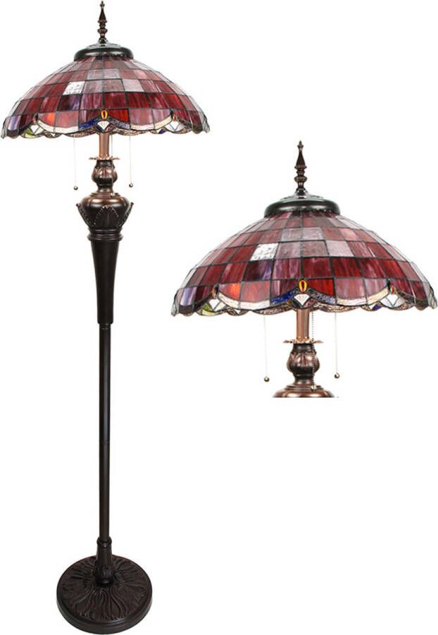 Clayre & Eef LumiLamp Tiffany Vloerlamp 166 cm Rood Glas Kunststof Staande Lamp Rood Staande Lamp