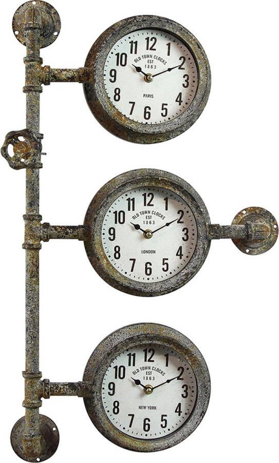HAES deco Wandklok Industrieel met 3 klokjes Metalen Industriele Vintage Muurklok Hangklok Keukenklok formaat 69x41x16 cm