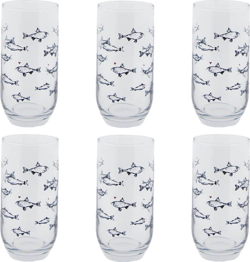 HAES deco Waterglas Drinkglas set van 6 glazen inhoud glas 380 ml formaat glas Ø 7x14 cm Collectie: Sun Sea & Fish Waterglazen Drinkglazen