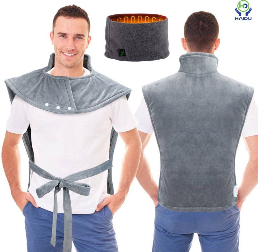 HAIDU Warmtekussen – voor Schouder en Rug – Inclusief Nekwarmer en Powerbank – Elektrische Deken – Wasbaar – 10 Warmtestanden – Timer – Grijs