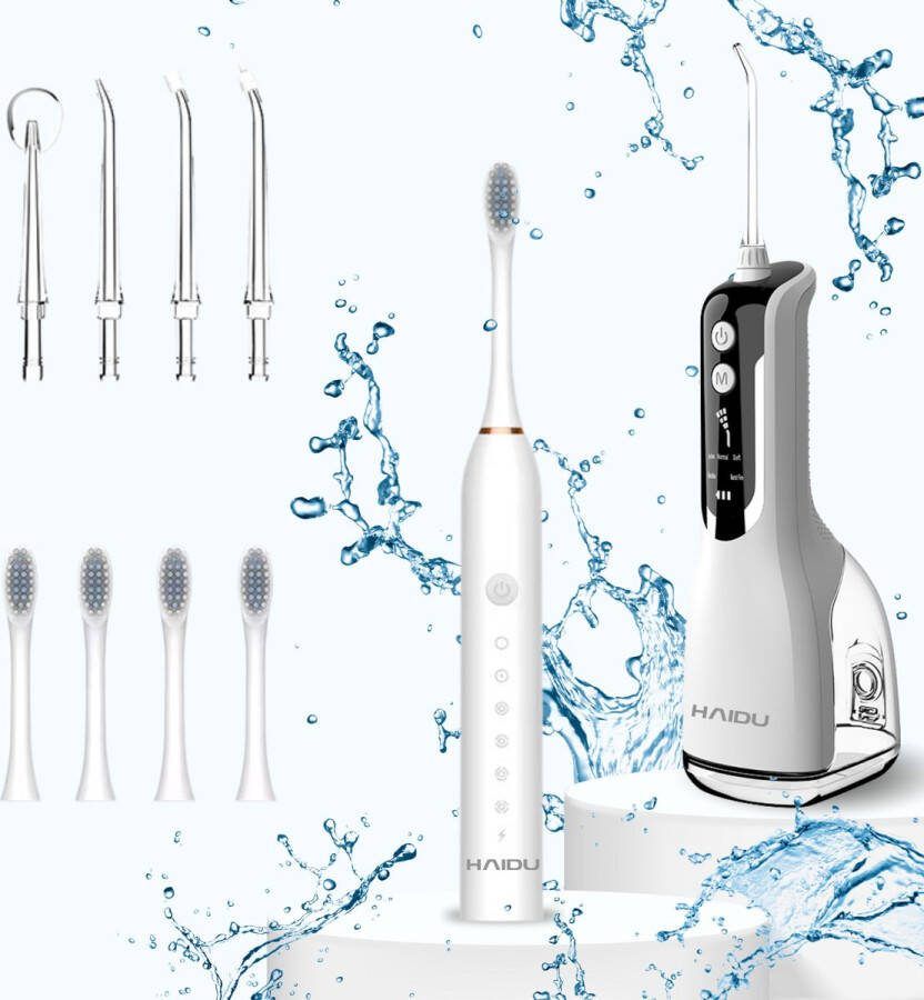 HAIDU Waterflosser Tandenborstel Bundel – 5 standen – 8 opzetstukken – 330ml – Inlcusief Elektrische Tandenborstel – 6 Poetsstanden – IPX7 Waterbestendig – Wit