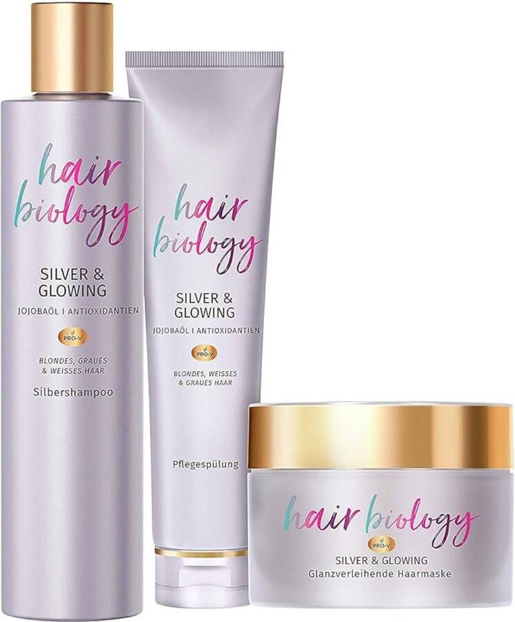 Hair biology Haarverzorgingsset: 1x Silver & Glowing Silver Shampoo 250 ml + conditioner 160 ml + haarmasker 160 ml