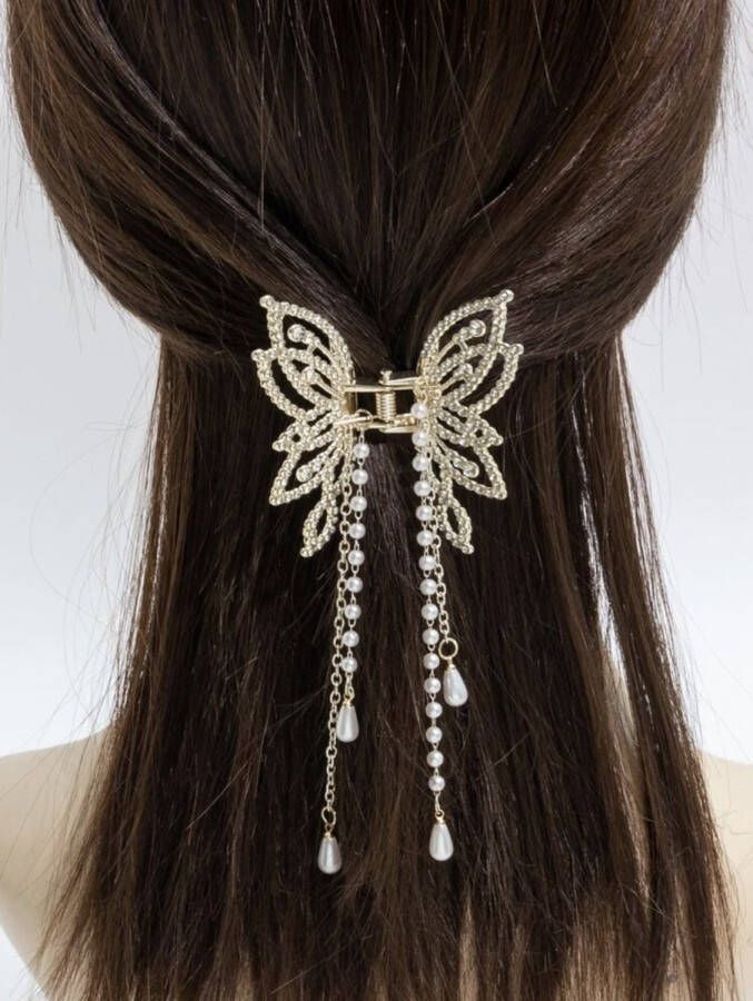 Hair Essentials Nerissa- Luxe Haarklem vlinder met parels- Haarclip Haarspeld Haaraccessoires Bruiloft- Goud