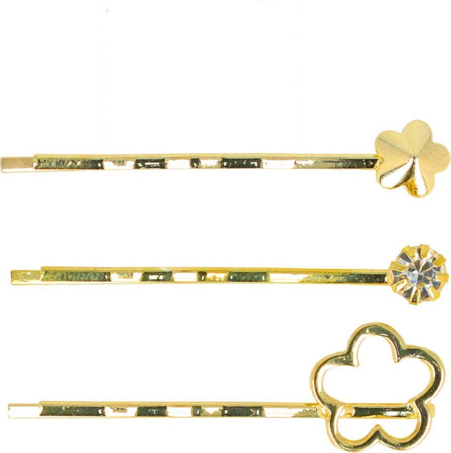 Hair Schuifspeldjes Haarschuifjes Haarspeldjes Open Bloem Strass Steen Goud 3 Stuks