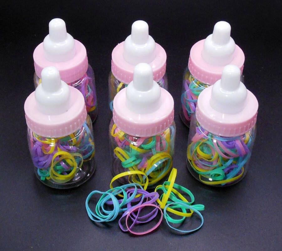 Hairmode Babyflesjes transparant-roze-wit gevuld met gekleurde haarelastiekjes set van 6 stuks. Sinterklaas cadeau Schoen cadeau