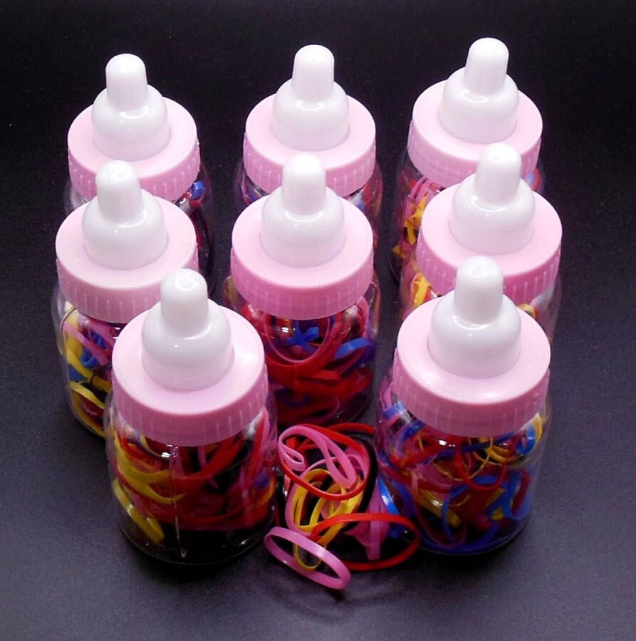 Hairmode Babyflesjes transparant-roze-wit gevuld met gekleurde haarelastiekjes set van 8 stuks. #1 Sinterklaas cadeau Schoen cadeau
