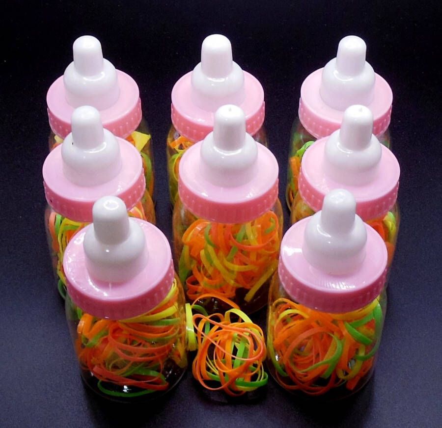 Hairmode Babyflesjes transparant-roze-wit gevuld met gekleurde haarelastiekjes set van 8 stuks. #2 Sinterklaas cadeau Schoen cadeau