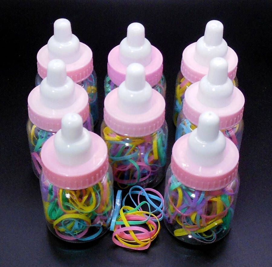 Hairmode Babyflesjes transparant-roze-wit gevuld met gekleurde haarelastiekjes set van 8 stuks. Sinterklaas cadeau Schoen cadeau