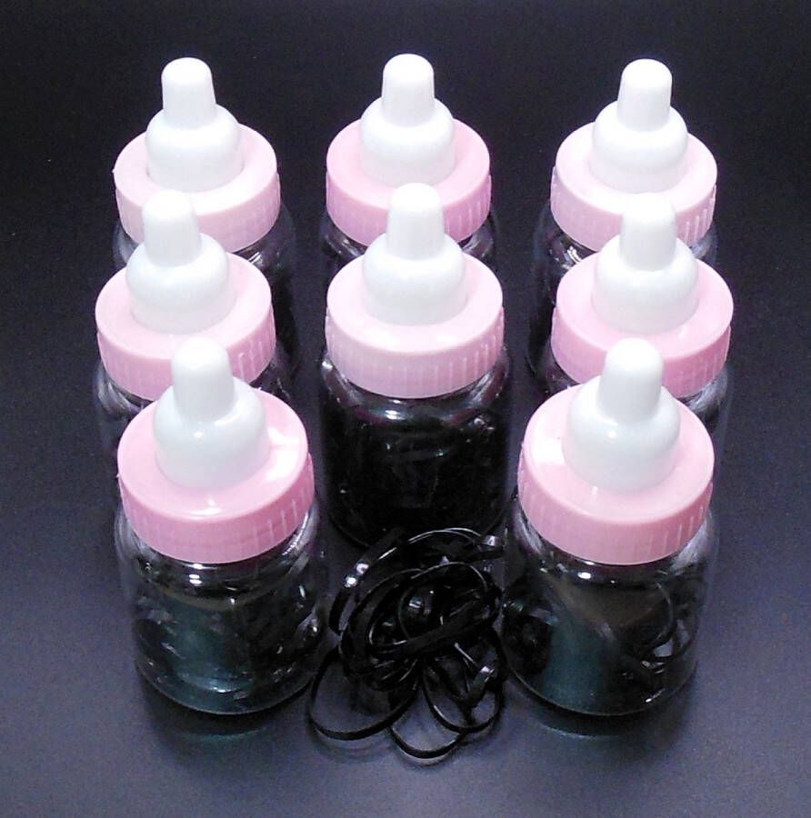 Hairmode Babyflesjes transparant-roze-wit gevuld met zwarte haarelastiekjes set van 8 stuks. Sinterklaas cadeau Schoen cadeau