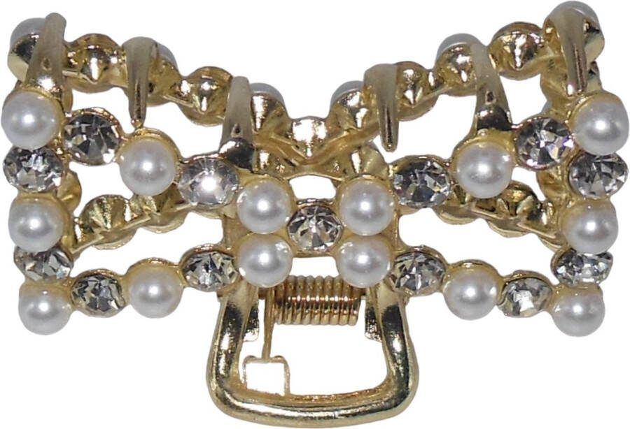 Hairmode Haarklem met strass en parels strik-vorm goudkleur