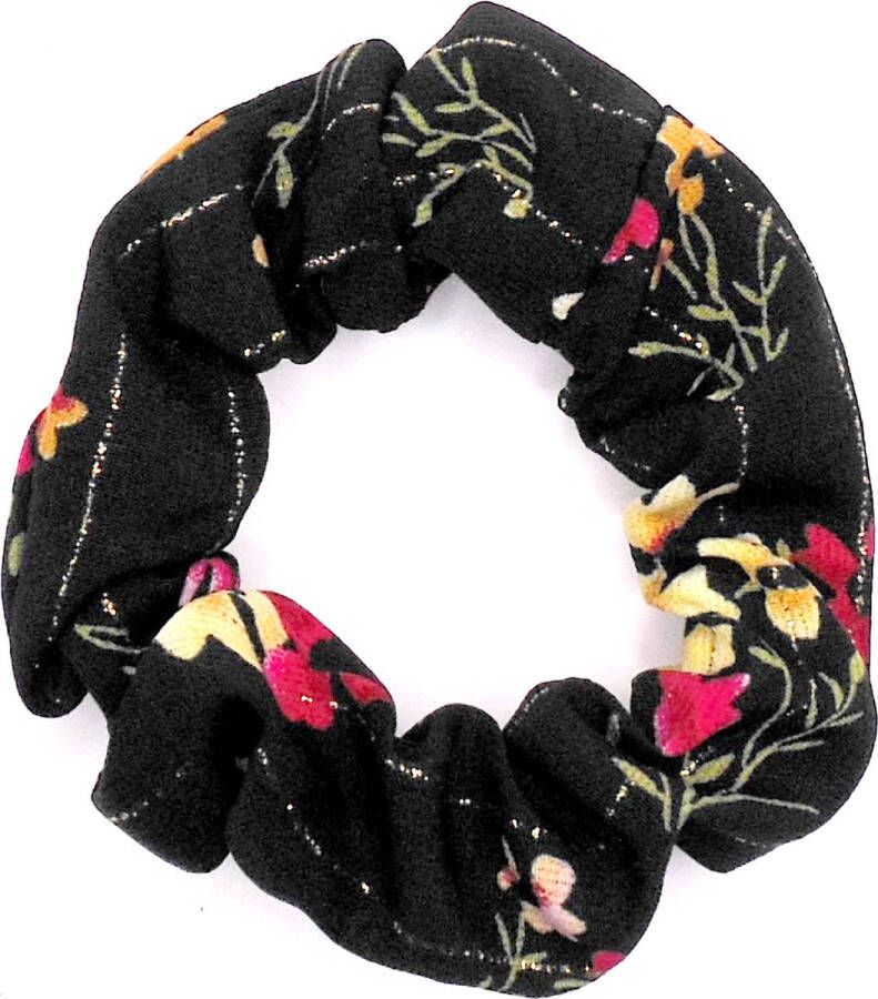 Hairmode Scrunchie zwart met bloemetjes Kerstcadeau Kerst