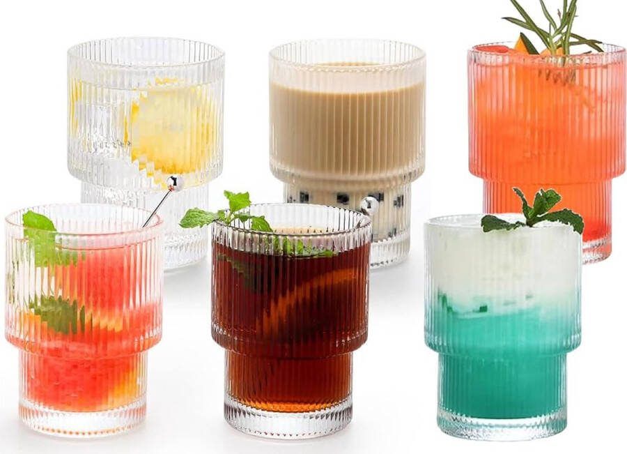 Hakal Geribbelde Drinkglas- koffie glas – 185 ml – Set van 6 cocktailglazen ijskoffieglazen longdrinkglazen