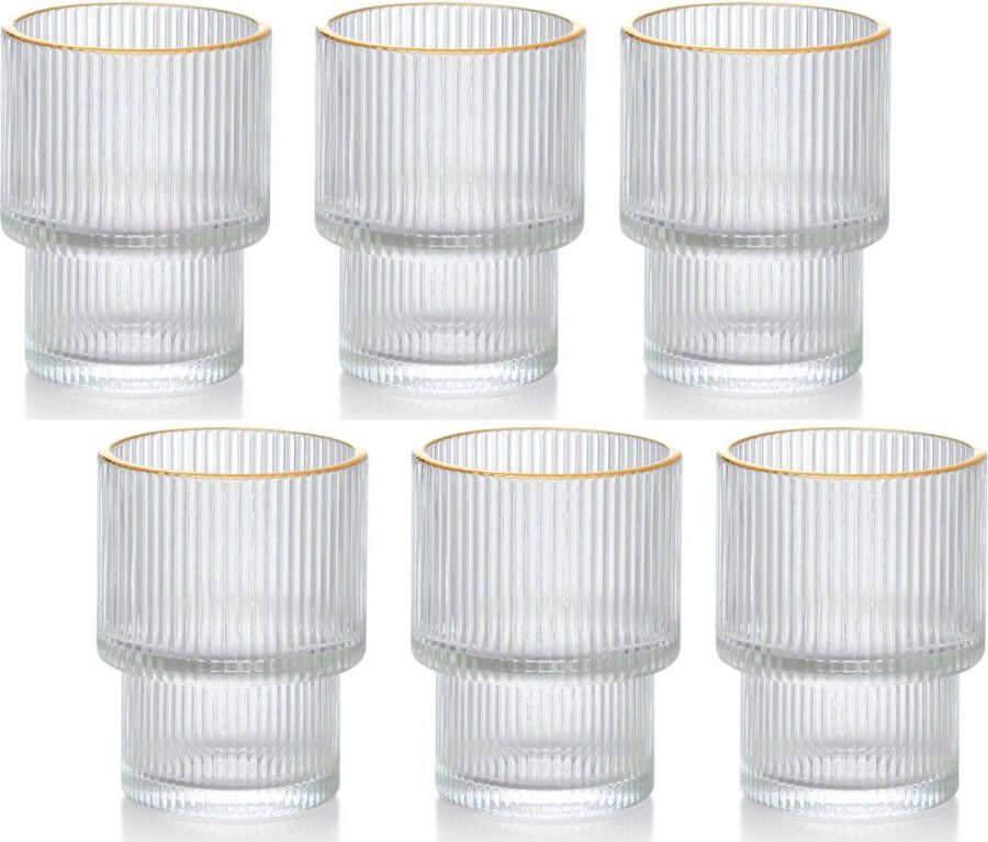 Hakal Geribbelde Drinkglas- koffie glas Goude rand – 185 ml – Set van 6 cocktailglazen ijskoffieglazen drinkglazen