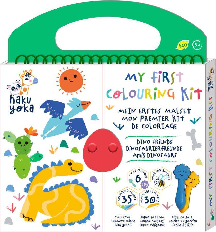 Haku Yoka: MIJN EERSTE KLEURKIT DINOVRIENDEN 20 5x24x2cm bevat 6 waskrijtjes met lachend gezichtje 35 kleurvellen en afneembare stickers bevat 10% bijenwas 3+