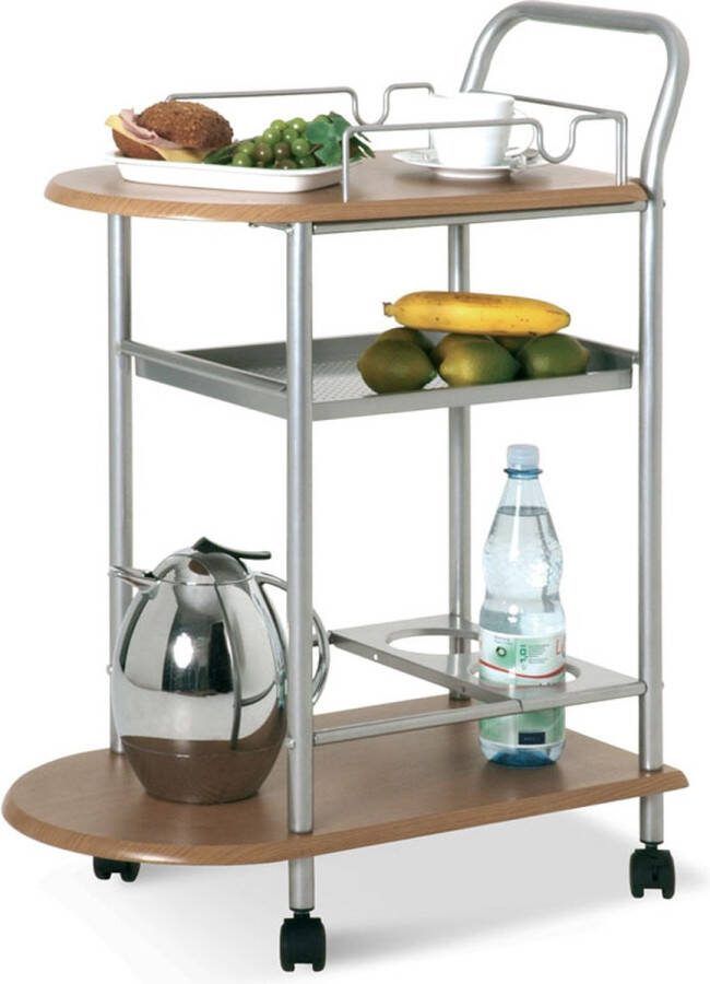 HakuShop Keukentrolley Grijs Bruine Serverwagen op wielen 3 Bladen Flessenhouder 2 rem wielen 65 x 37 x 83 cm