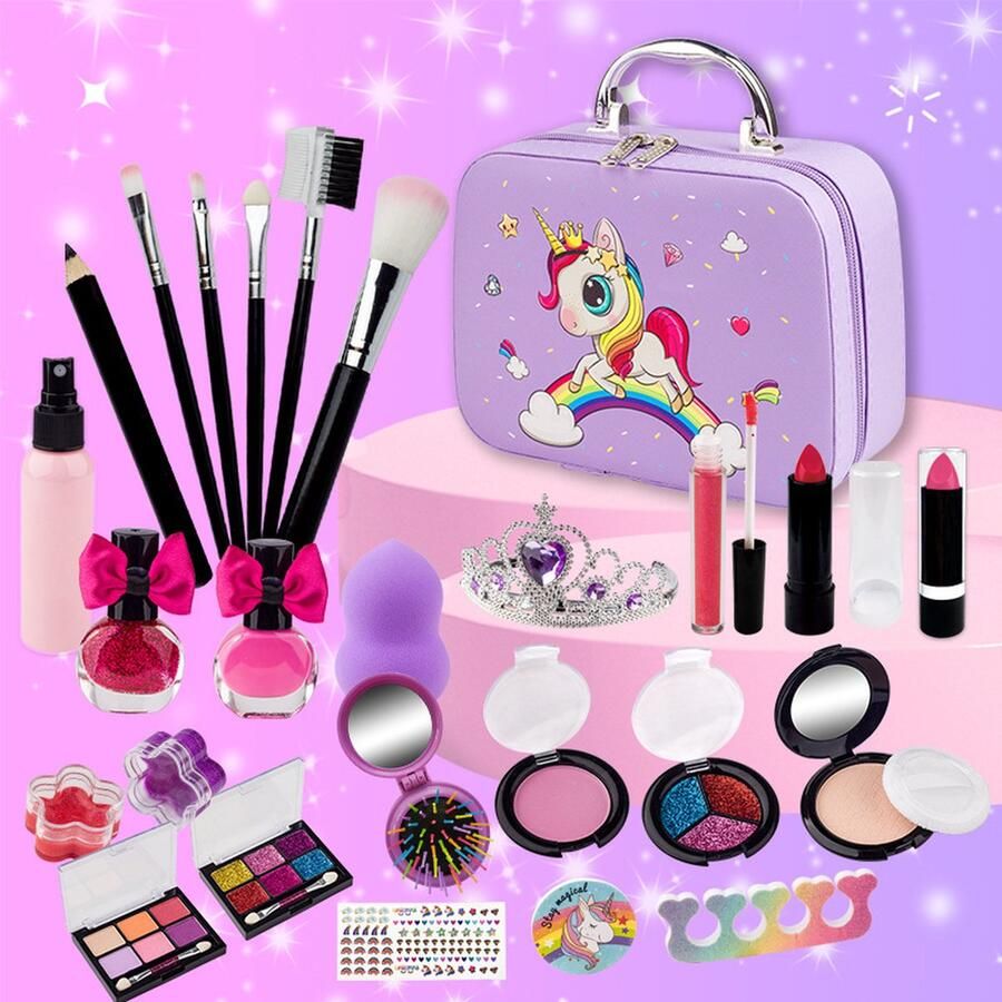Haley family Make up koffer kinderen-DIY Make up koffer-Make up koffer meisjes-Eenhoorn speelgoed-Gemakkelijk afwasbaar-met Themastickers-28pcs-veilige en niet-giftige make-upset -Speelgoed 4-12 jaar