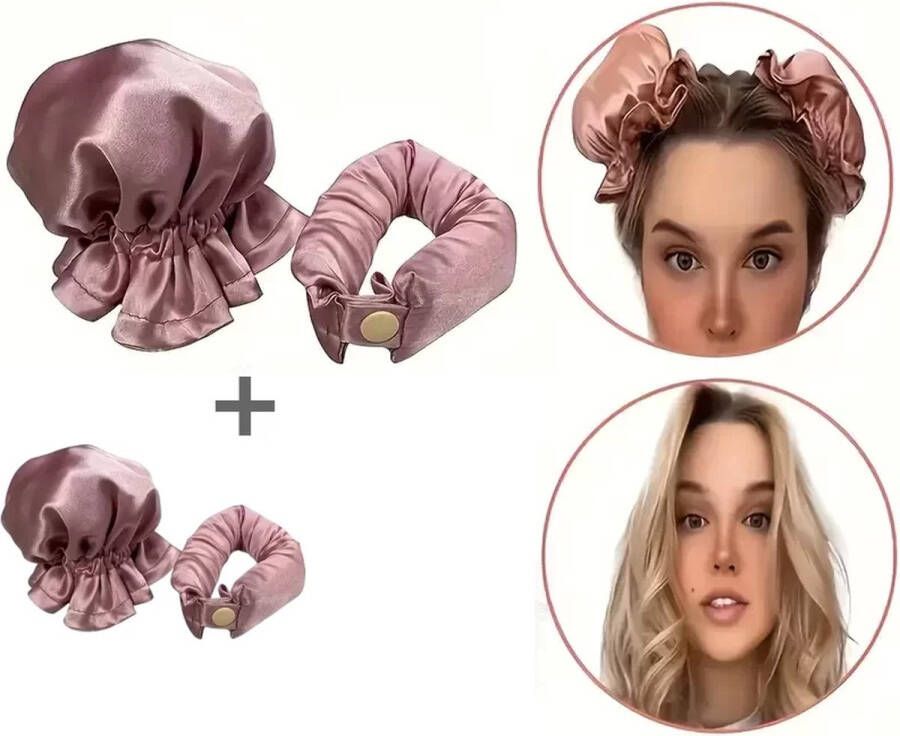 Haley family Krulspelden-Heatless Curls krultang- Extra een haarborstel -Haarrollers -Haarklem-Satijnen Haarkruller TikTok hot selling stijl- Set van 2 rollers & 2 kapjes Roze