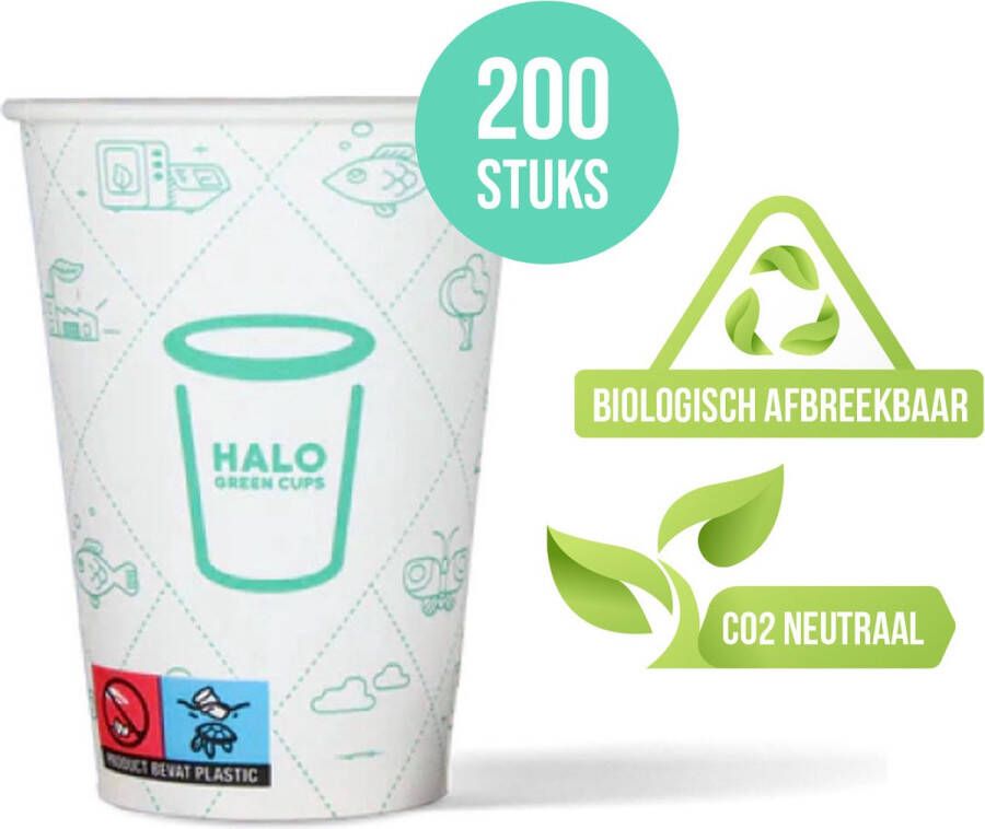 HALO Green Cups Koffiebekers To Go Bekers Wegwerp beker Biologisch afbreekbaar CO2 Neutraal PLA FSC 180ml 7.5Z 200 Stuks