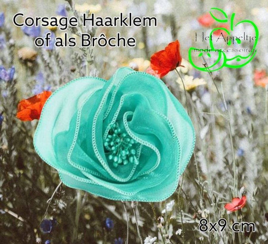 H.A.M.A. Corsage Ronde Bloem Roos 8x9 cm Eucalyptus Mint Groen Brôche Haar Duckklem stof organza 1 stuks Bruiloft Gala Casual
