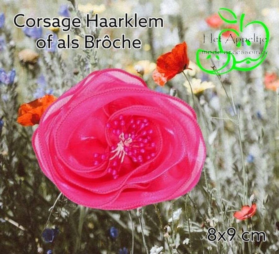 H.A.M.A. Corsage Ronde Bloem Roos 8x9 cm Fuchsia Donker Roze Brôche Haar Duckklem stof organza 1 stuks Bruiloft Gala Casual
