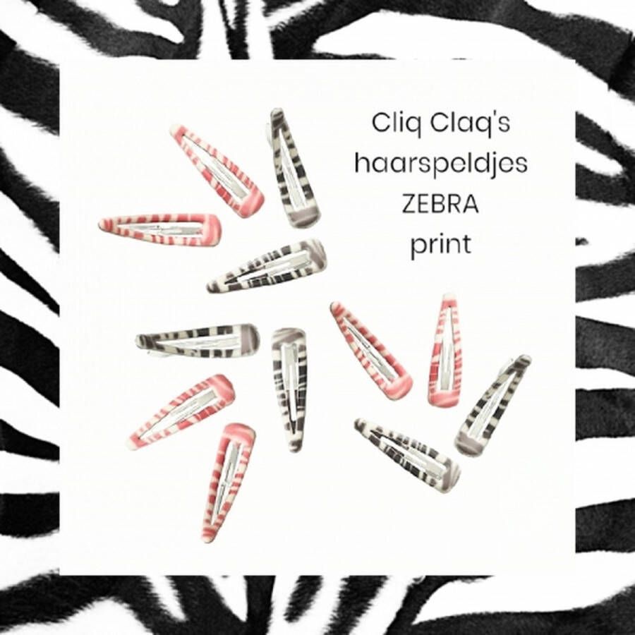 H.A.M.A. Haarknipjes Haarspeldjes Cliq Claq Zebra print 3x2st. Grijs G.Wit + 3x2st. Roze G.Wit Set à 12 stuks (6 paar) 48 x 13 mm Kinderen Casual