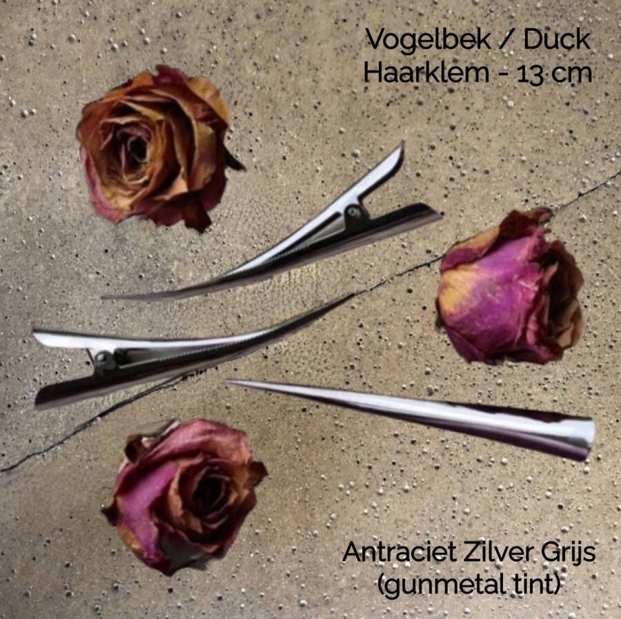 H.A.M.A. Metalen Duck Haarklem Antraciet Zilver Grijs Gunmetal tint 13 cm met tandjes 2 stuks Platbek Vogelbek volwassenen tieners kinderen casual feest