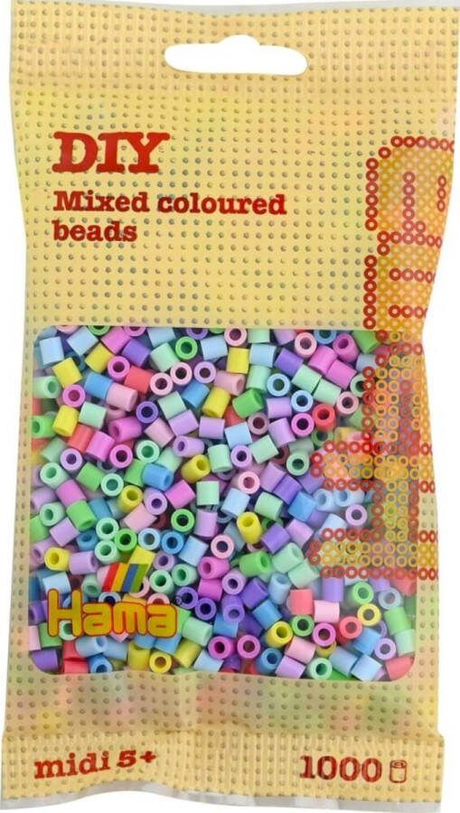 Hama midi PASTEL MIX (gemengde zachte kleuren multicolor) strijkkralen zakje met 1.000 stuks normale strijkparels (geel blauw lila paars- zachtroze mintgroen) creatief knutselen met kralen kinderfeestje