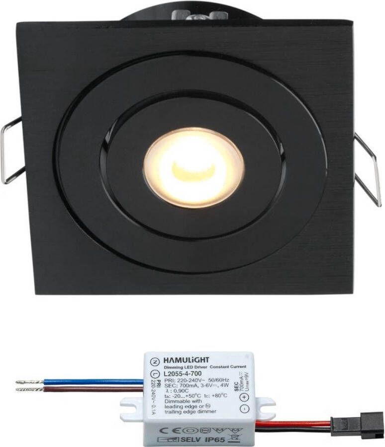 Hamulight Cree LED inbouwspot Soria zwart in 3W vierkant dimbaar kantelbaar 230V IP44 downlights plafondspots spotjes inbouwspots badkamer woonkamer keuken spotlight warmwit