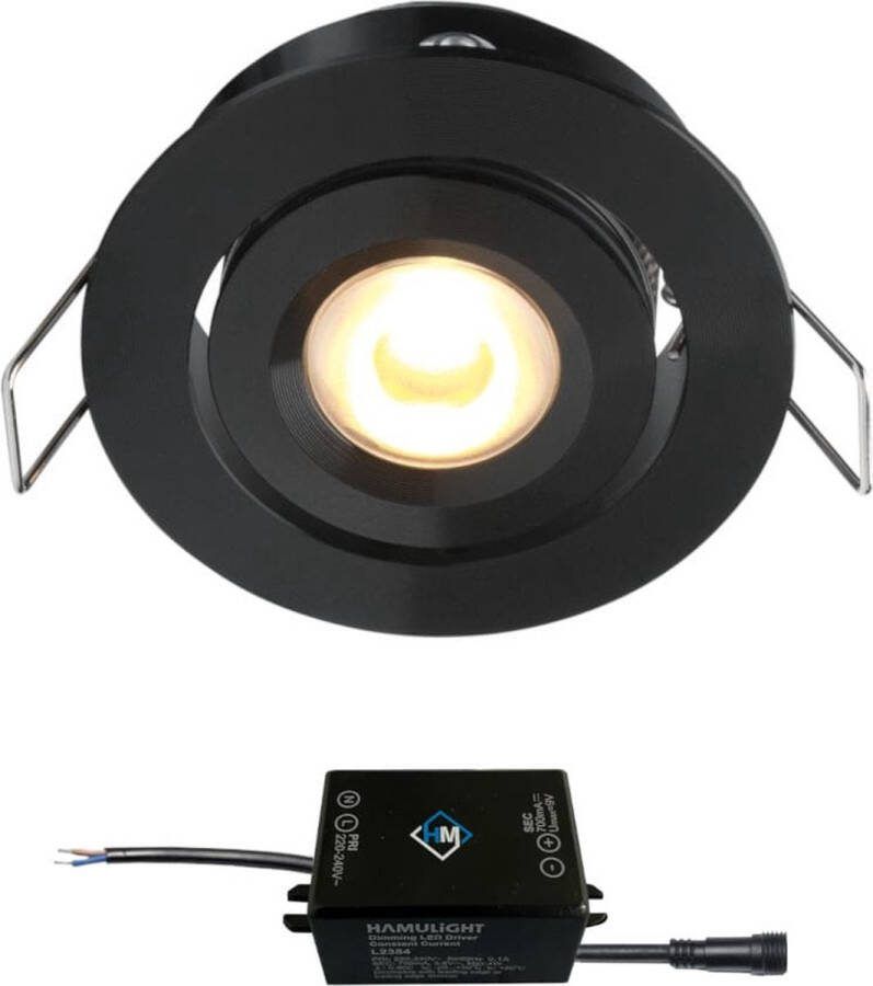 Hamulight Cree LED inbouwspot Toledo zwart in 3W rond dimbaar kantelbaar 230V IP44 downlights plafondspots spotjes inbouwspots badkamer woonkamer keuken spotlight warmwit